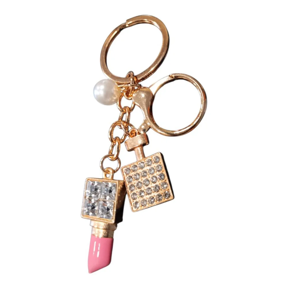 Lipstick, Perfume Bottle, Pearl Rhinestone Purse Charm Keychain in Pink Bling